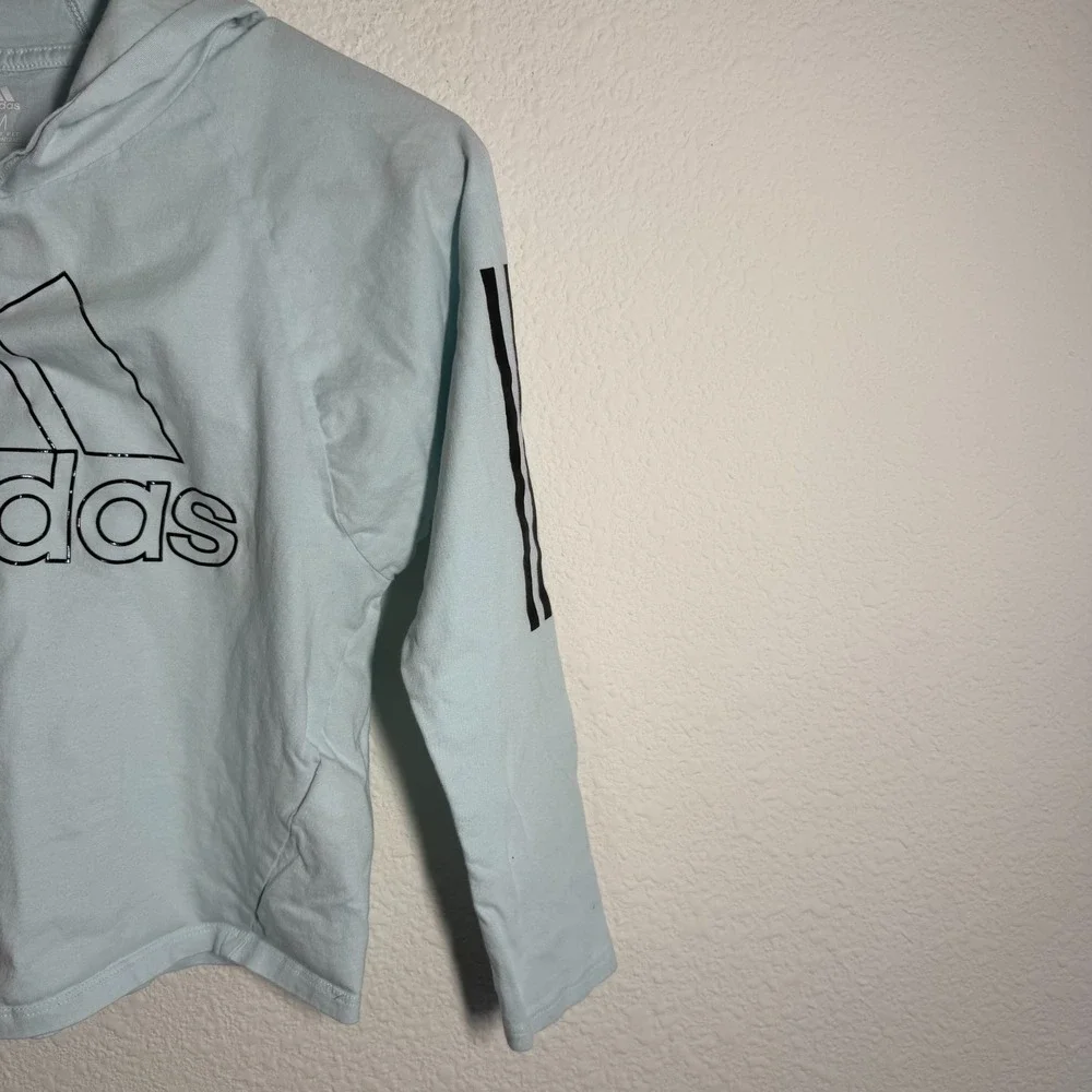 Adidas Hoodie Girl Medium 10/12 Light Blue Graphic Print Spellout Logo Loose Fit